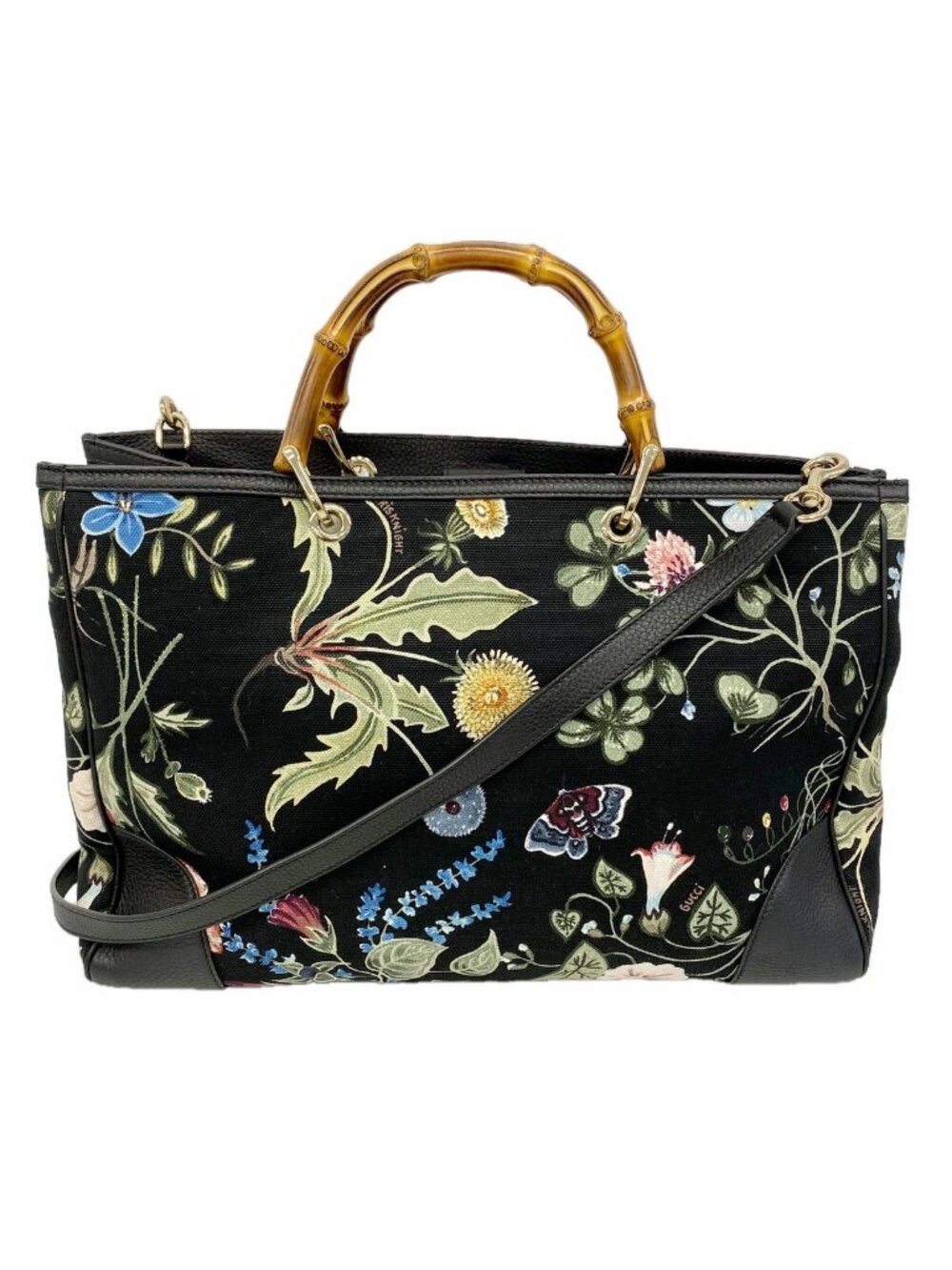 Gucci Tote GG Blooms Bamboo Canvas Black Multicolor Champagne Gold 2-Way